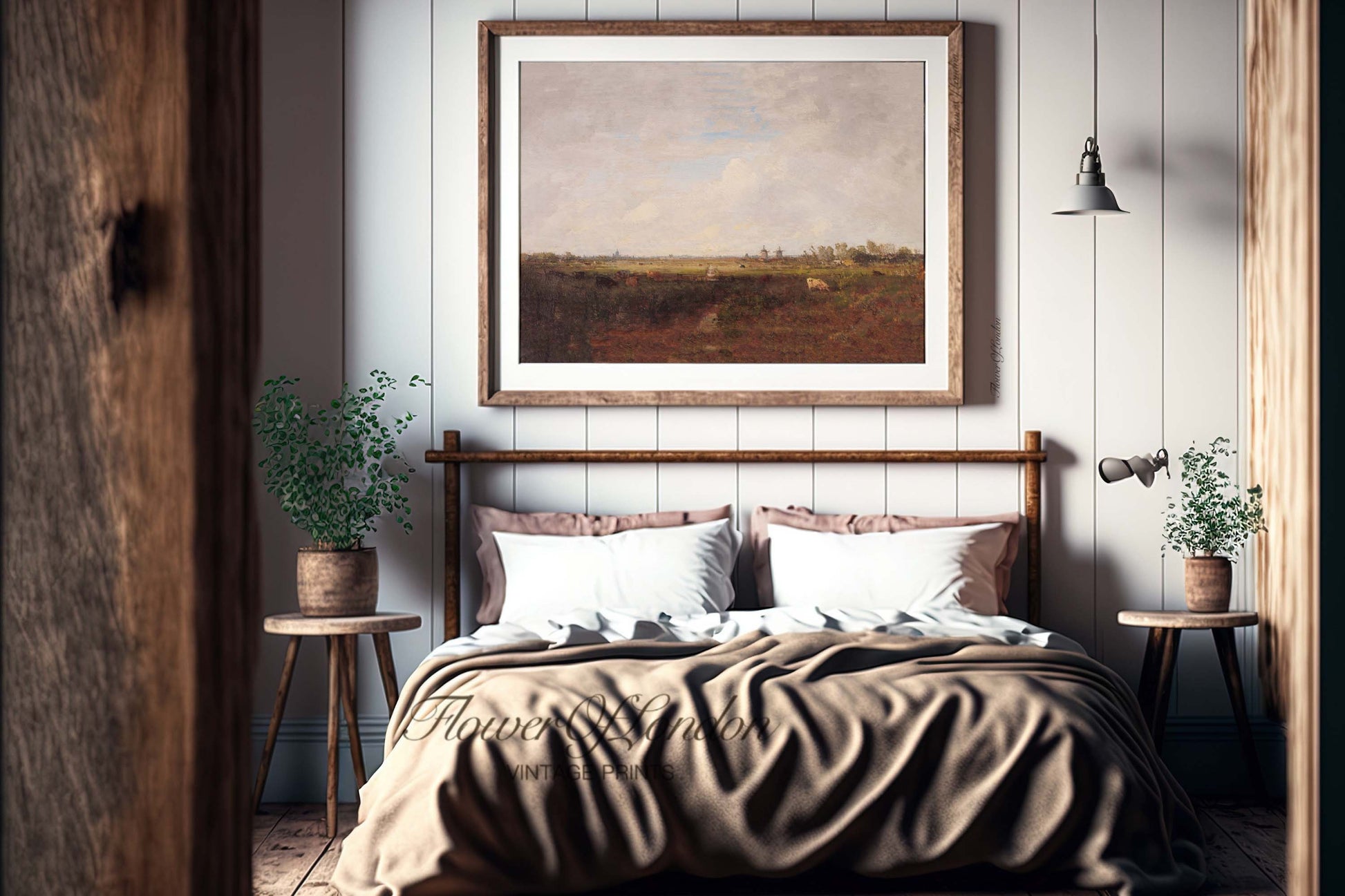 a bedroom with a bed and a painting on the wall