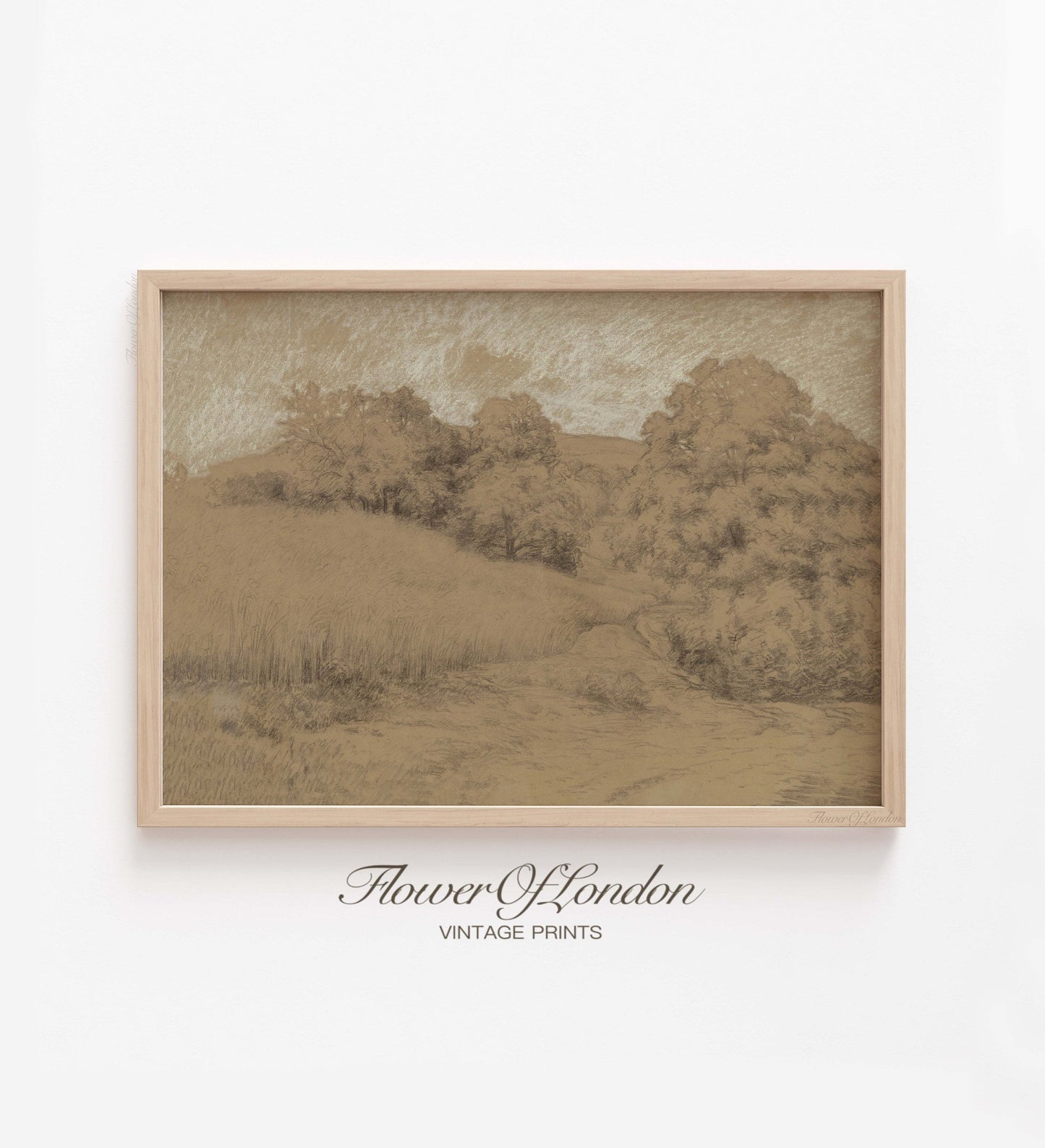 Landscape Sketch Print, Antique Neutral Beige Rustic Country Trees Harvest Field, #234