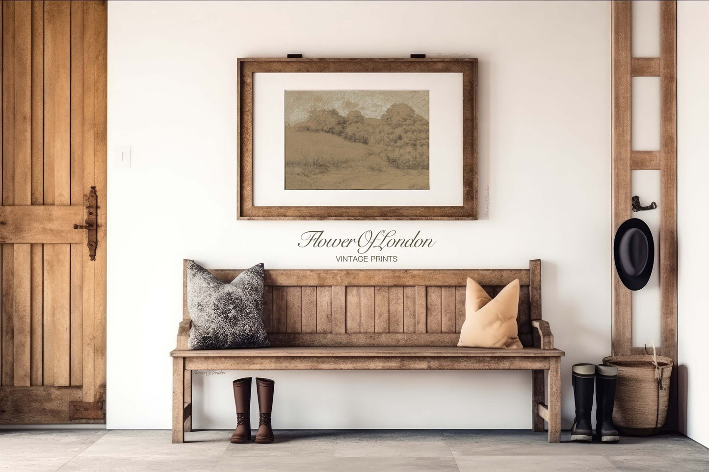 Landscape Sketch Print, Antique Neutral Beige Rustic Country Trees Harvest Field, #234