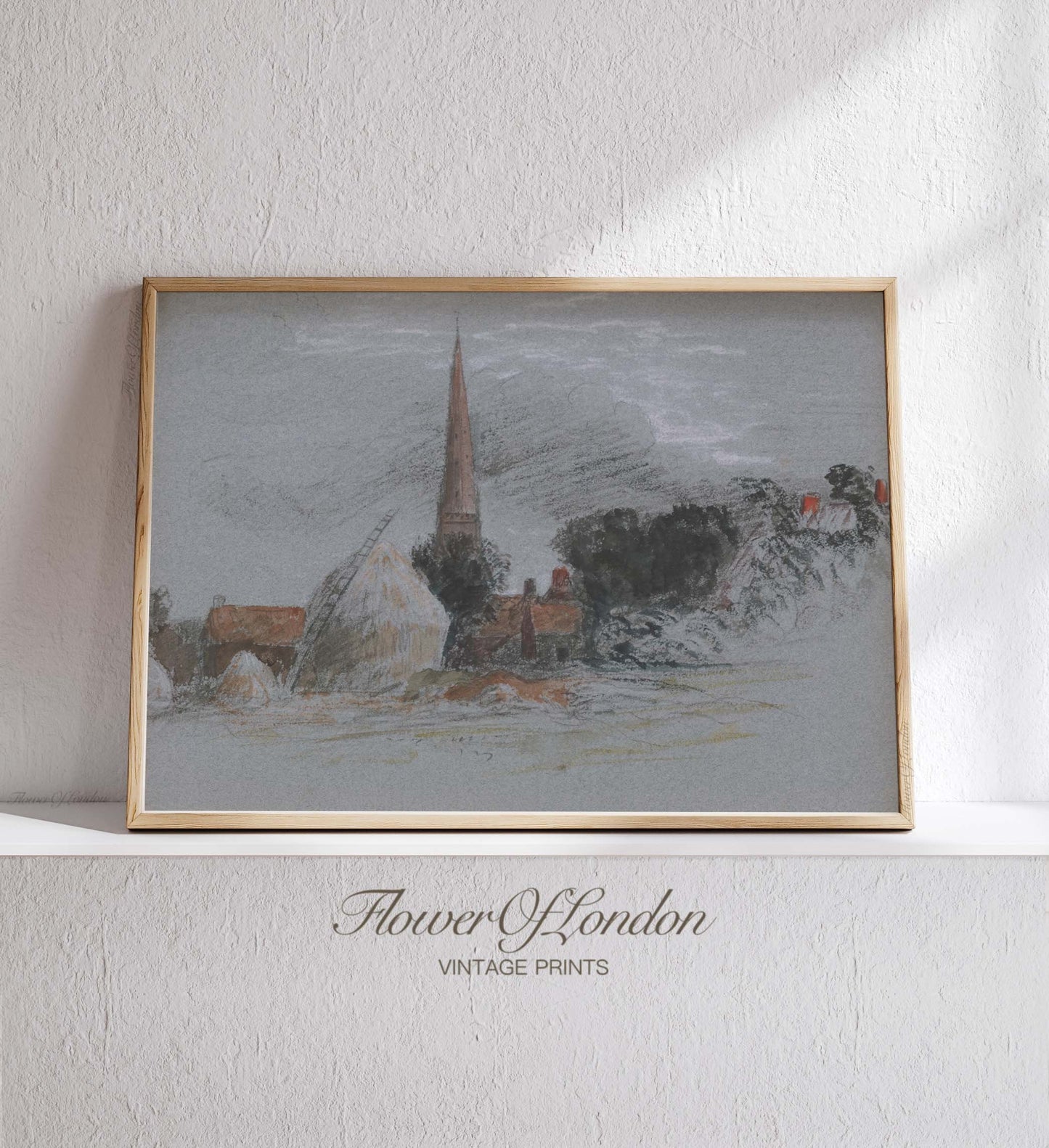 a painting of a church on a shelf