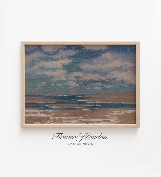 Coastal Print, Vintage Moody Simple Rustic Seascape Calm Sea Clouds Painting, #166