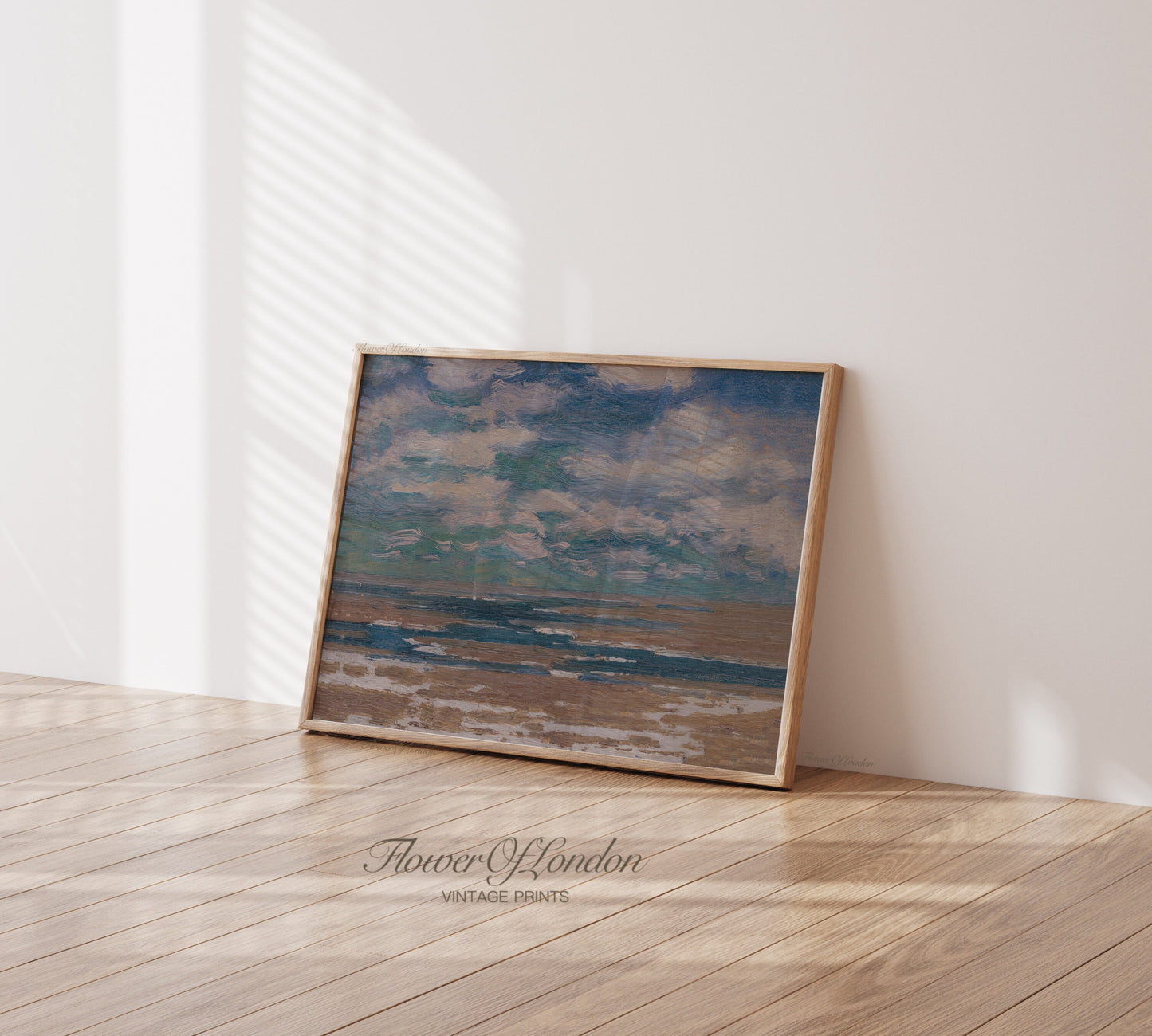 Coastal Print, Vintage Moody Simple Rustic Seascape Calm Sea Clouds Painting, #166