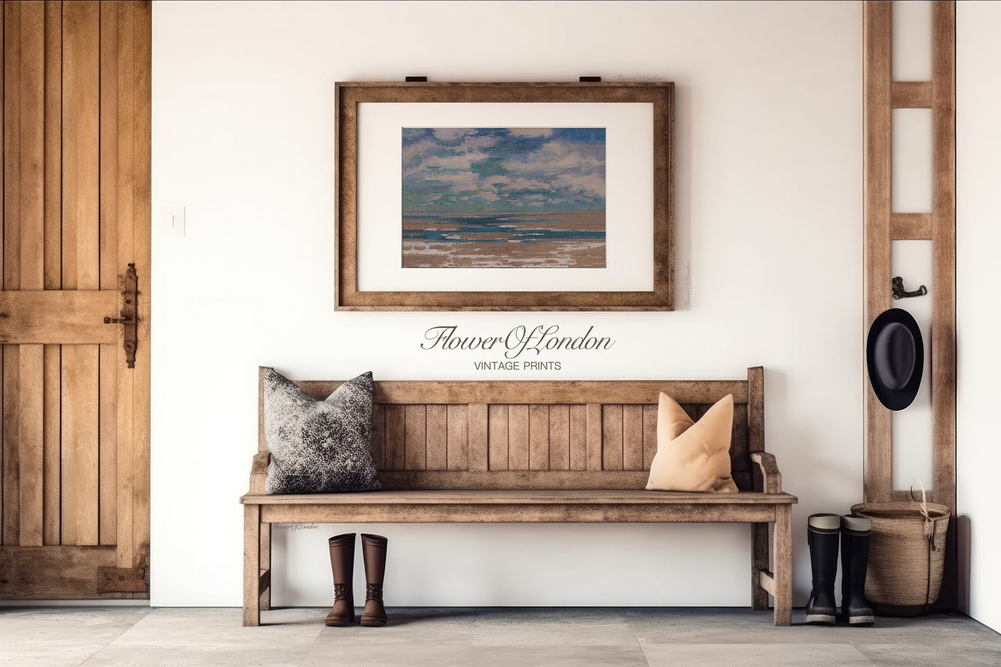 Coastal Print, Vintage Moody Simple Rustic Seascape Calm Sea Clouds Painting, #166