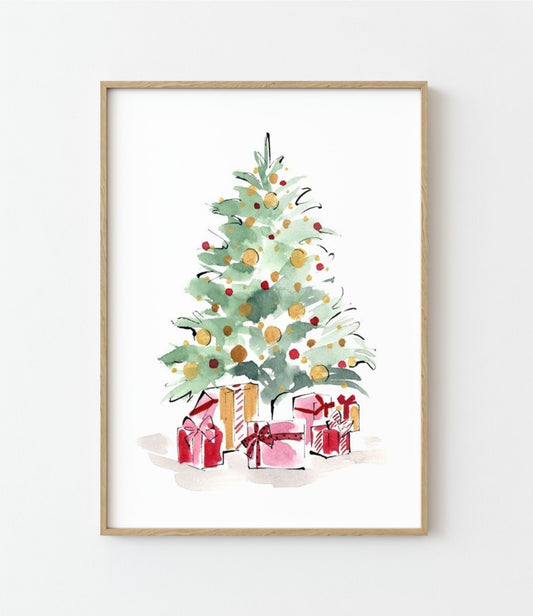 Watercolour Decorated Christmas Tree Print