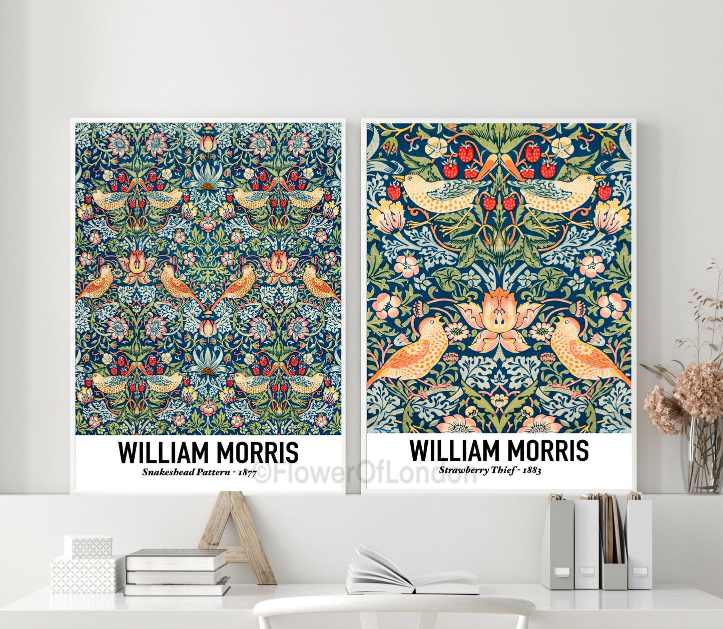 Set of 2 William Morris Prints Vintage Wallpaper Strawberry Thief