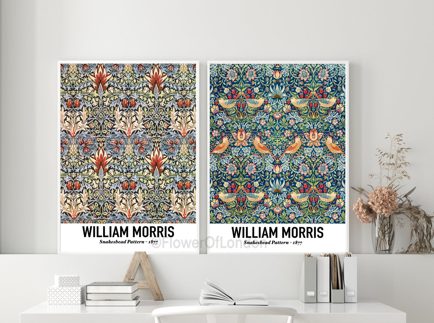 Set of 2 William Morris Prints Strawberry Thief & Snakeshead