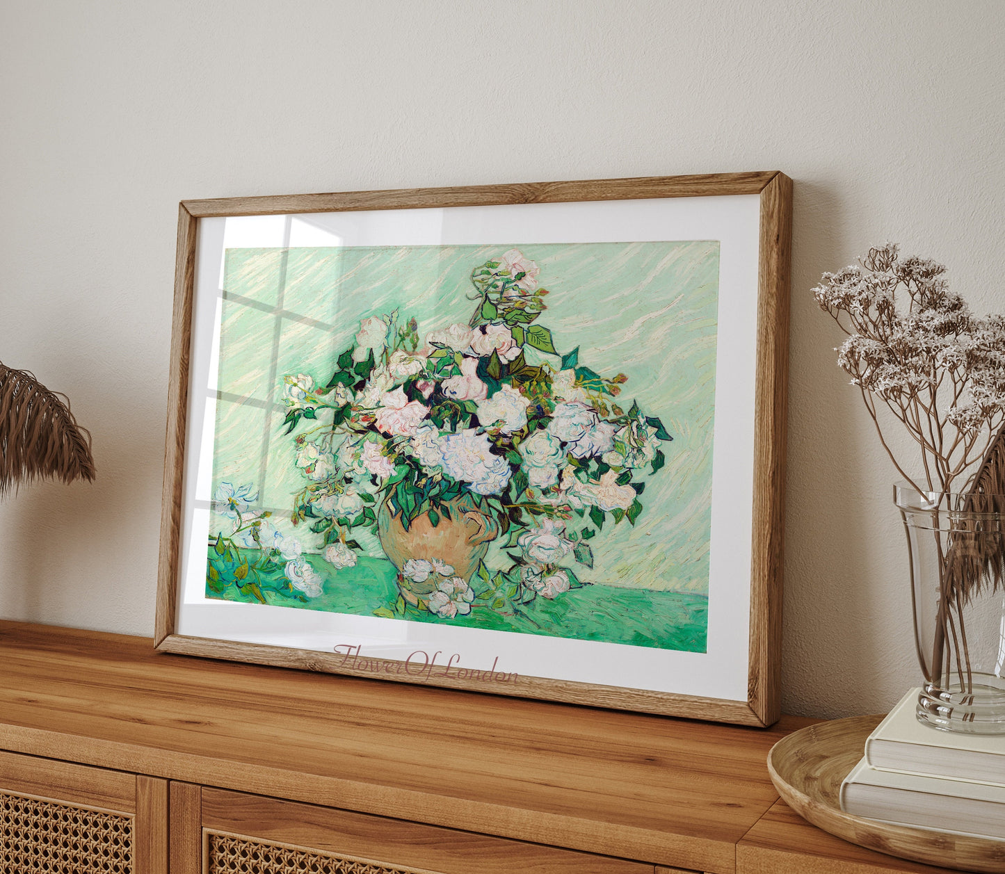 White Roses in a Vase Van Gogh Print (Green)