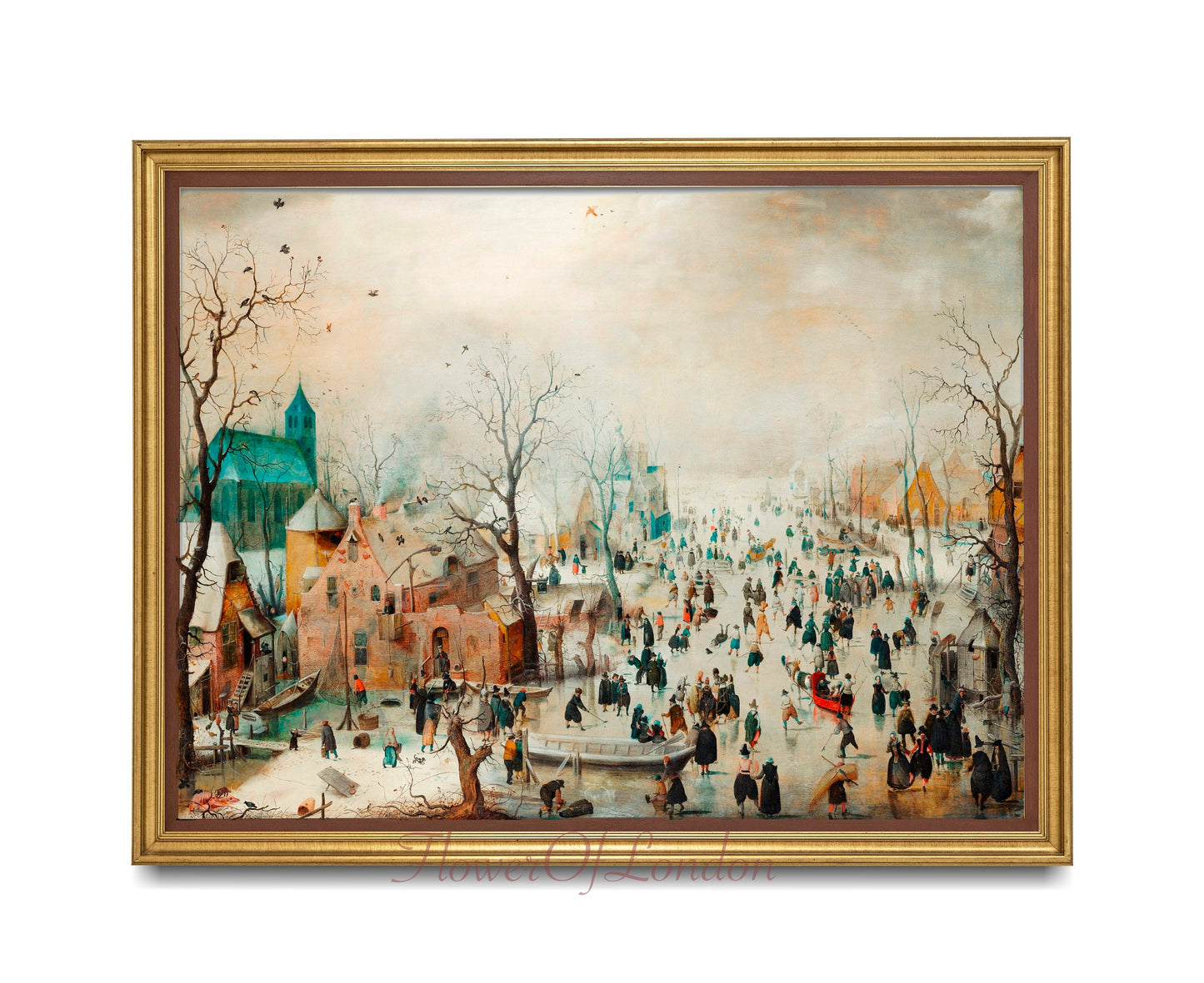 Winter Landscape Print, Vintage Skating Figures